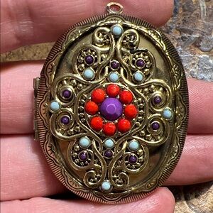 Ornate Cabochan Golden Pendant Locket Red Purple Blue Accents Vintage Jewelry